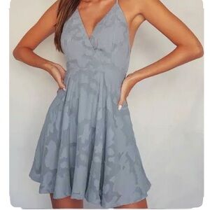 NWT Lulus Floral Burnout Open Back Mini Dress- Dusty Blue A-Line Skater Dress
